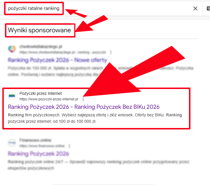 Znalezione pożyczki przez internet w sponsorowanych wynikach