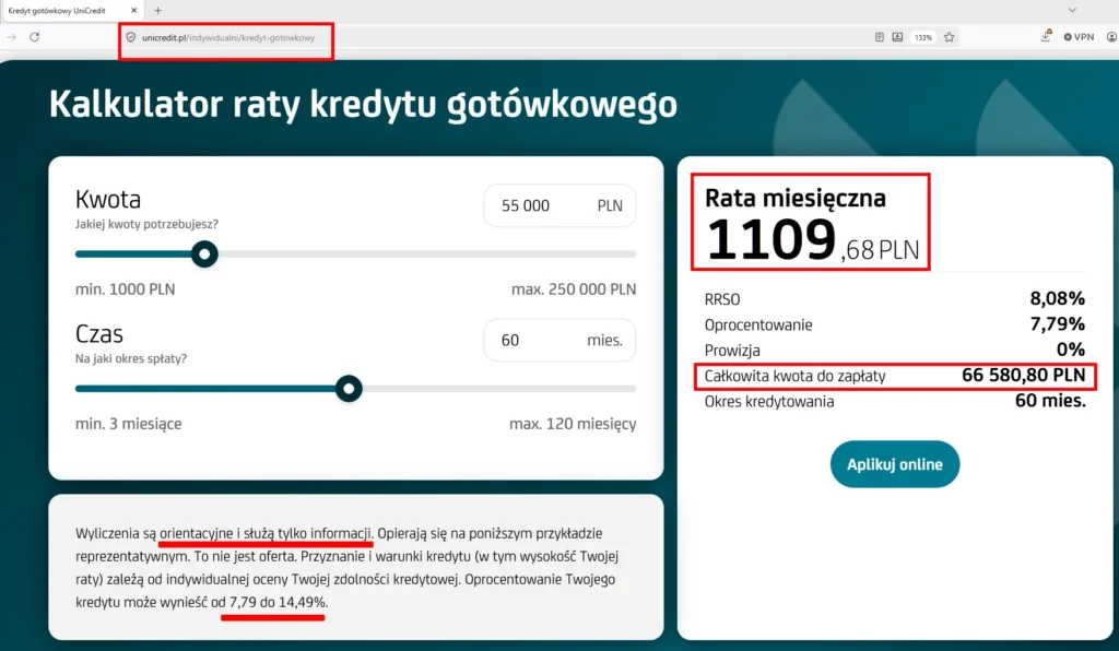 Kalkulator kredytu gotówkowego UniCredit z opisem