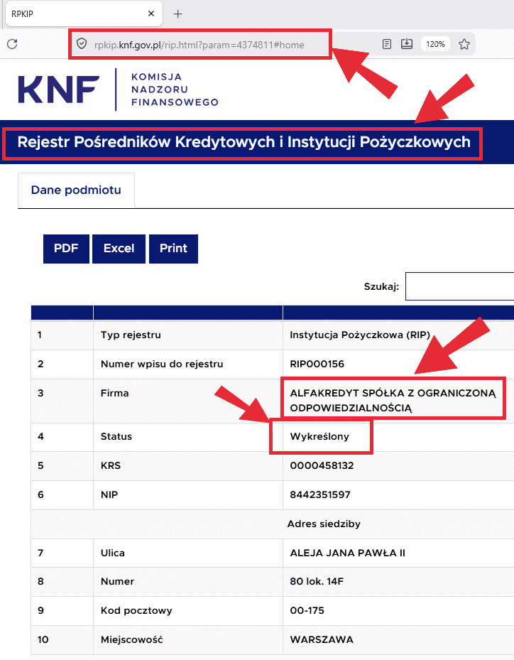 Wyciąg z KNF dla RIP000156 Alfakredyt