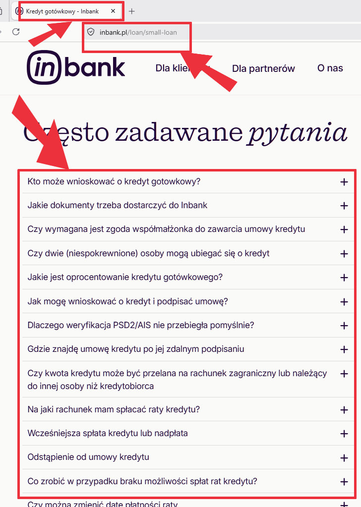 Sekcja informacyjna pożyczki gotówkowej Inbanku