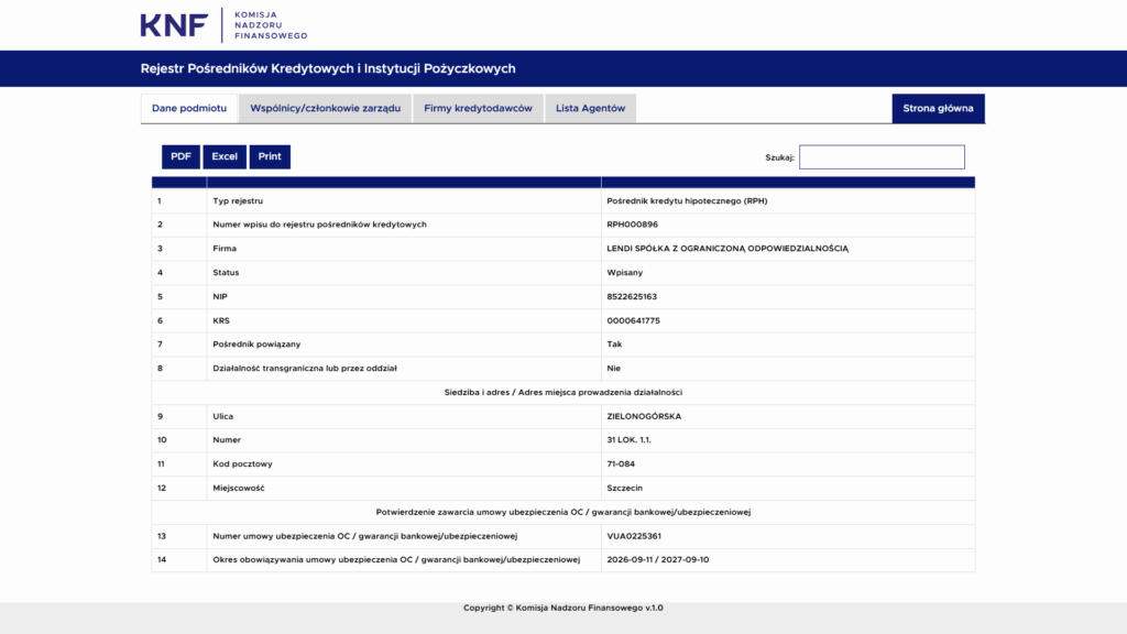Lendi w Rejestrze Pośredników Kredytowych i Instytucji Pożyczkowych
, Komisja Nadzoru Finansowego