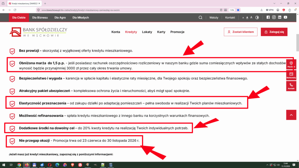 Strona Banku Spółdzielczego we Wschowie - kredyt mieszkaniowy Zamieszkaj na swoim, zrzut ekranu z 13.10.2026